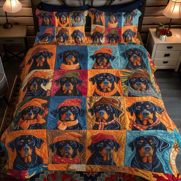 Autumn Rottweiler Retreat quilted 3-piece bedding set on a made bed with two matching pillow shams
