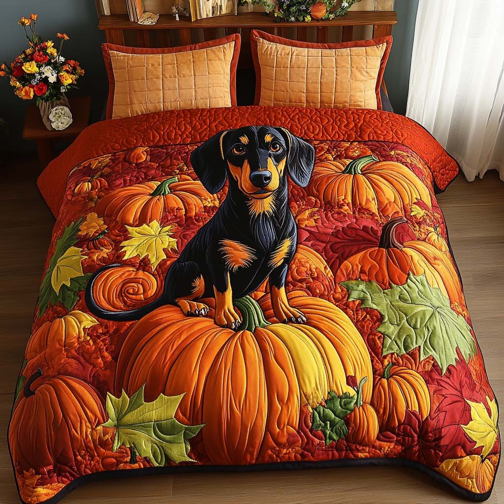 Autumn Sausage Dog quilted 3-piece bedding set on a made bed with two matching pillow shams