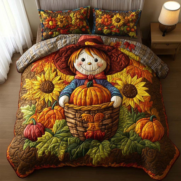 Autumn Scarecrow Charm quilted 3-piece bedding set on a made bed with two matching pillow shams