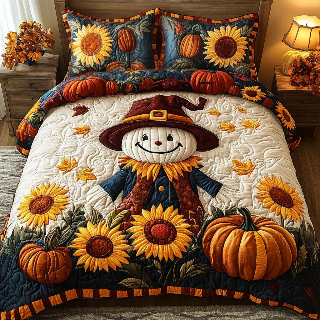 Autumn Scarecrow quilted 3-piece bedding set on a made bed with two matching pillow shams