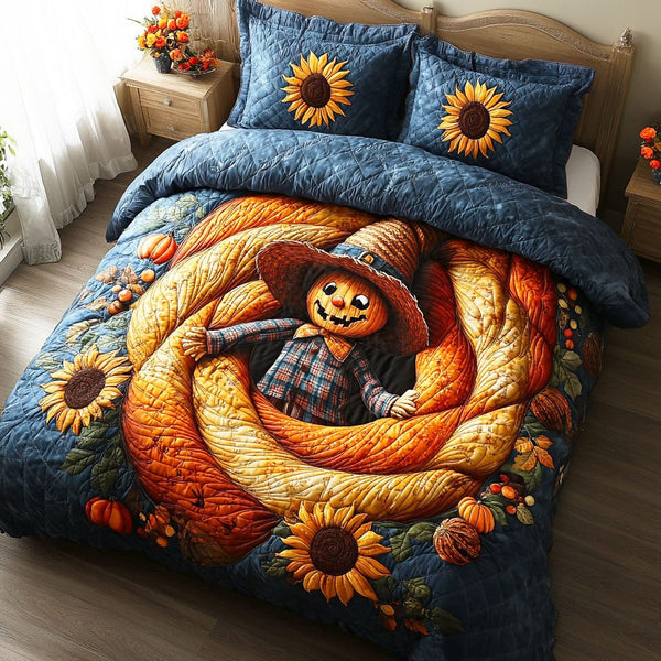 Autumn Scarecrow quilted 3-piece bedding set on a made bed with two matching pillow shams