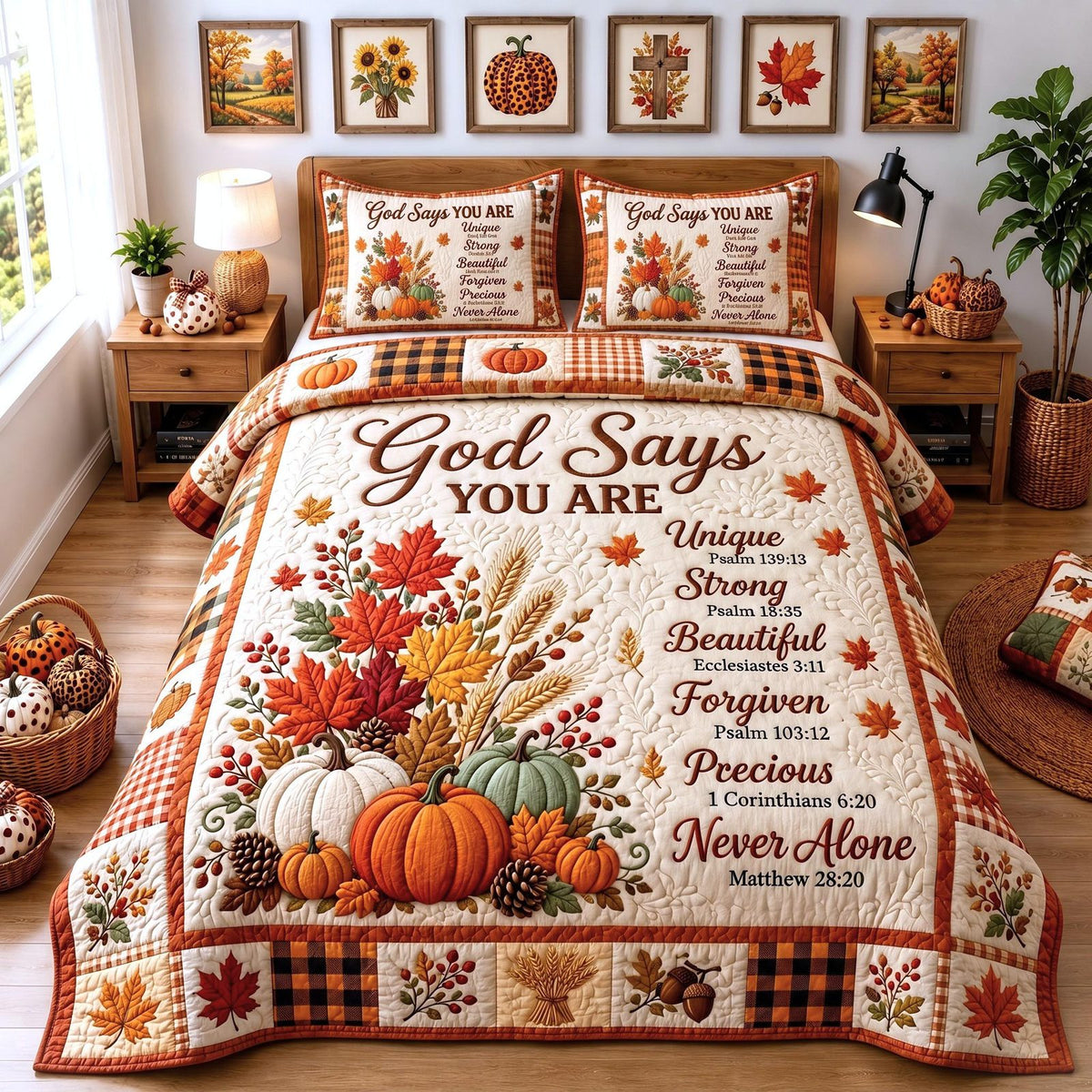 Autumn Scripture quilted 3-piece bedding set on a made bed in a softly lit bedroom