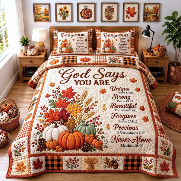 Autumn Scripture quilted 3-piece bedding set on a made bed in a softly lit bedroom