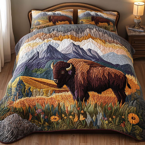 Autumn Sentinel quilted 3-piece bedding set on a made bed with two matching pillow shams