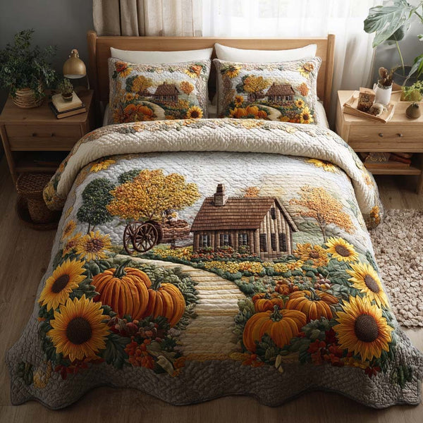 Autumn Serenity quilted 3-piece bedding set on a made bed with two matching pillow shams