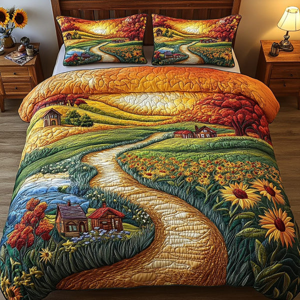 Autumn Serenity quilted 3-piece bedding set on a made bed with two matching pillow shams