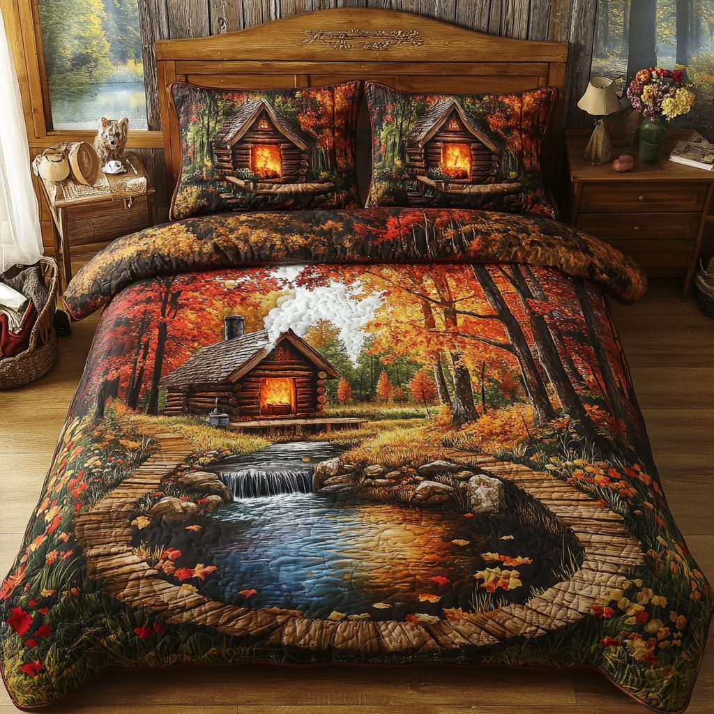 Autumn Serenity quilted 3-piece bedding set on a made bed with two matching pillow shams