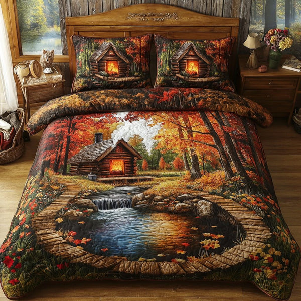 Autumn Serenity quilted 3-piece bedding set on a made bed with two matching pillow shams