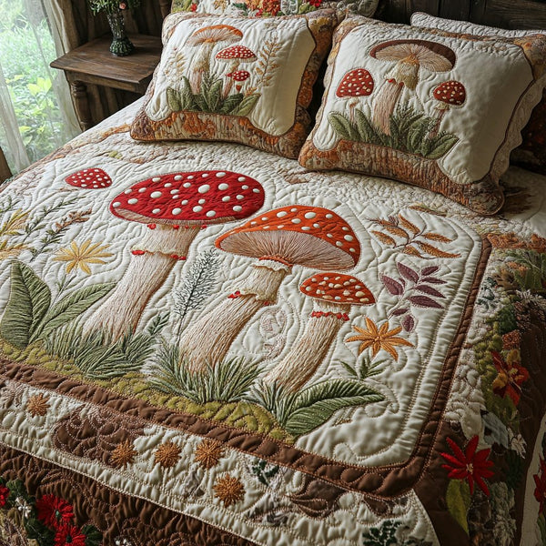 Autumn Shrooms quilted 3-piece bedding set on a made bed with two matching pillow shams