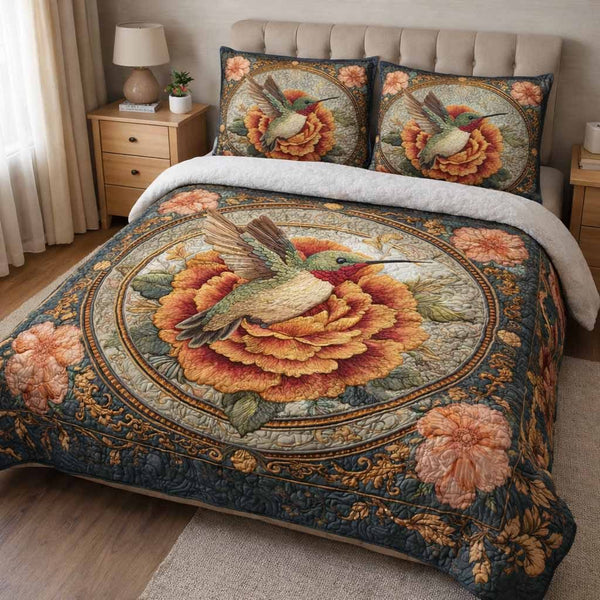Autumn Song quilted 3-piece bedding set on a made bed with two matching pillow shams
