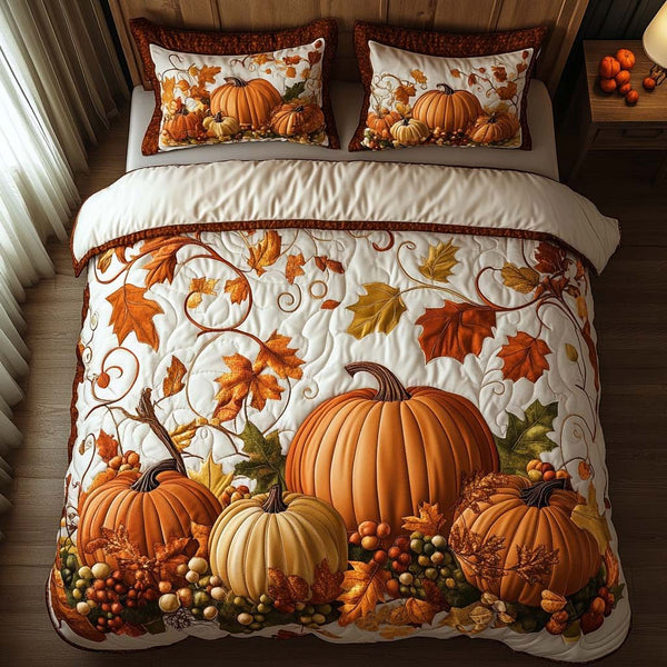 Autumn Spirit Dance quilted 3-piece bedding set on a made bed with two matching pillow shams