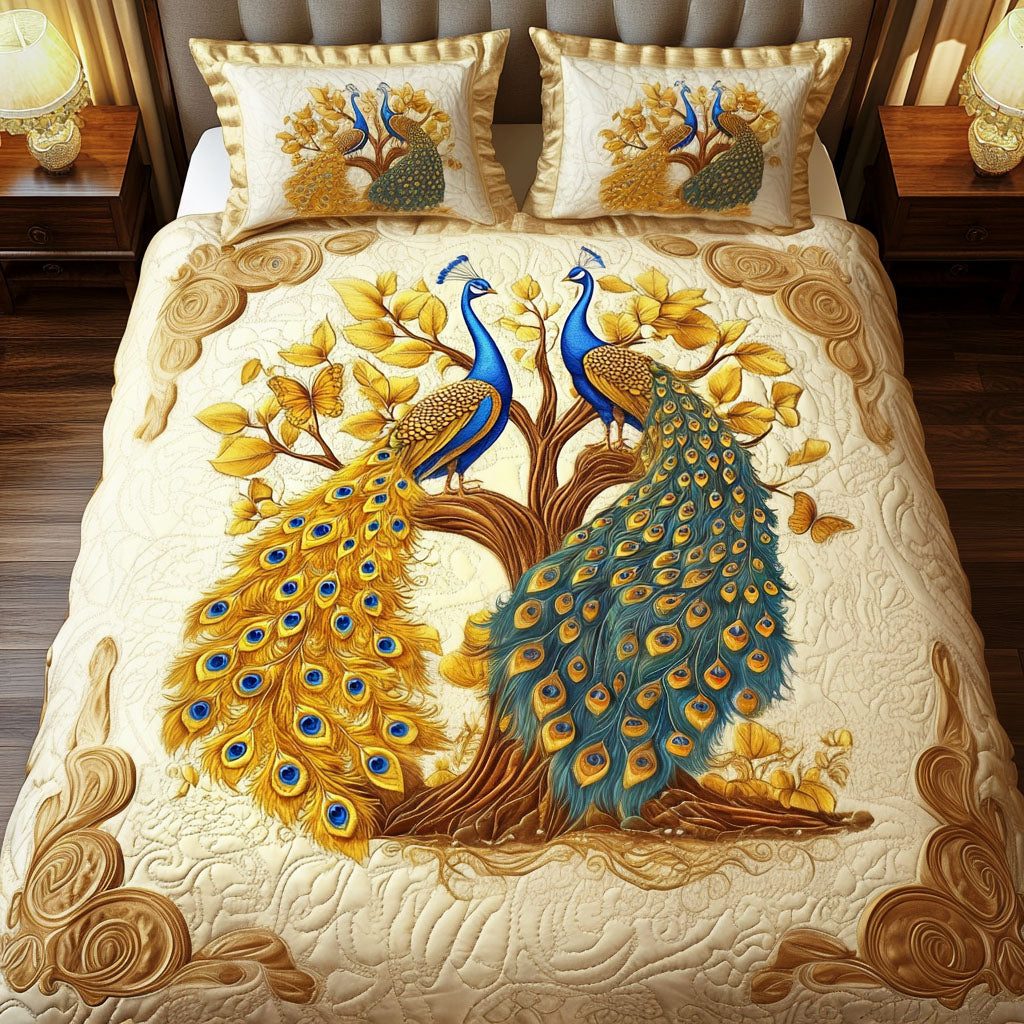 Autumn Splendor quilted 3-piece bedding set on a made bed with two matching pillow shams