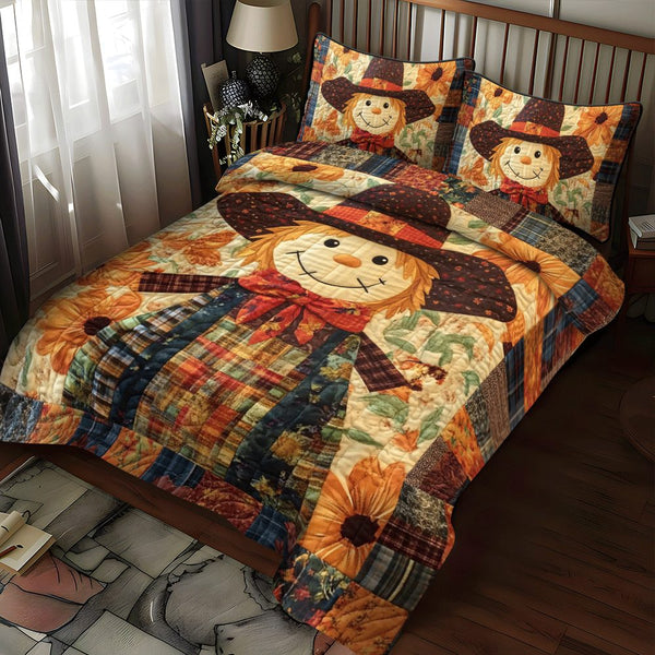 Autumn Splendor Scarecrow quilted 3-piece bedding set on a made bed with two matching pillow shams