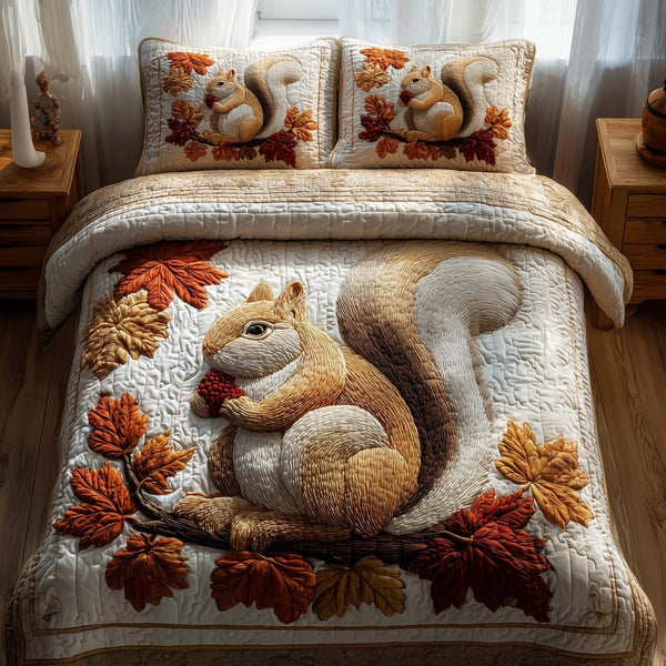 Autumn Squirrel quilted 3-piece bedding set on a made bed with two matching pillow shams