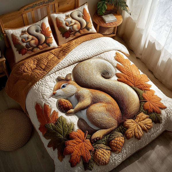 Autumn Squirrel quilted 3-piece bedding set on a made bed with two matching pillow shams
