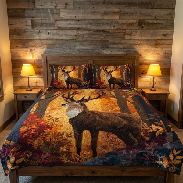 Autumn Stag quilted 3-piece bedding set on a made bed with two matching pillow shams