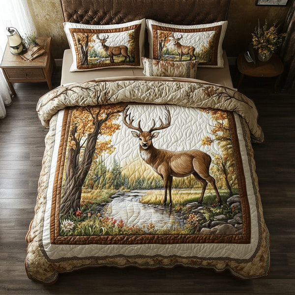Autumn Stag quilted 3-piece bedding set on a made bed with two matching pillow shams