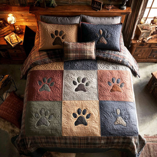 Autumn Steps quilted 3-piece bedding set on a made bed with two matching pillow shams