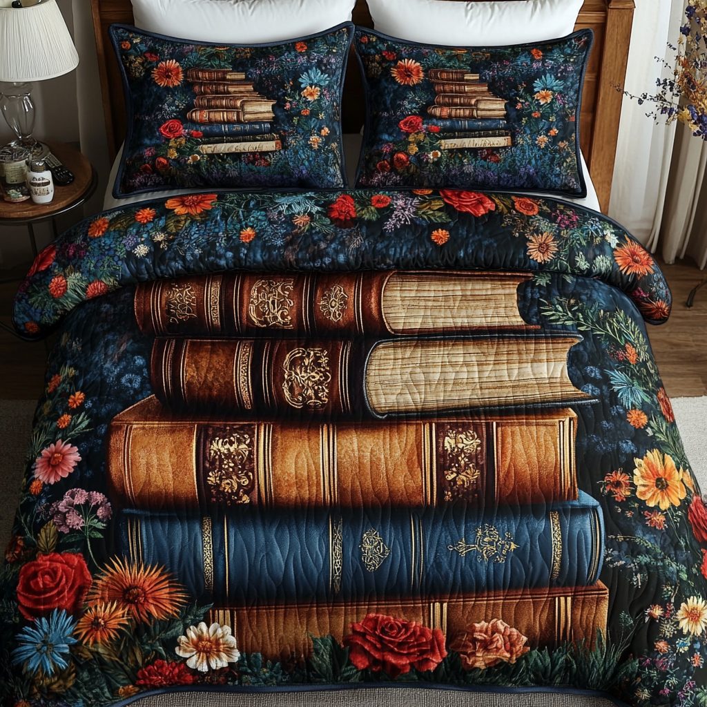Autumn Stories quilted 3-piece bedding set on a made bed with two matching pillow shams