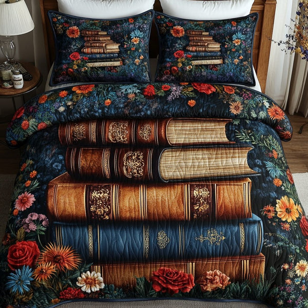 Autumn Stories quilted 3-piece bedding set on a made bed with two matching pillow shams
