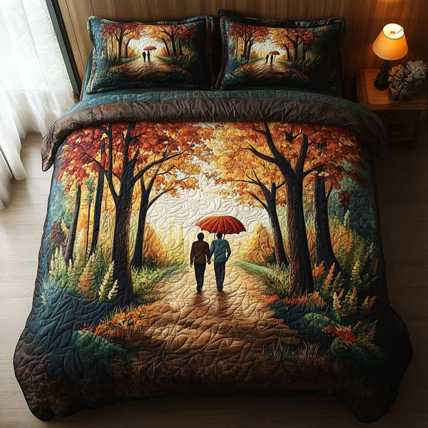 Autumn Stroll quilted 3-piece bedding set on a made bed with two matching pillow shams