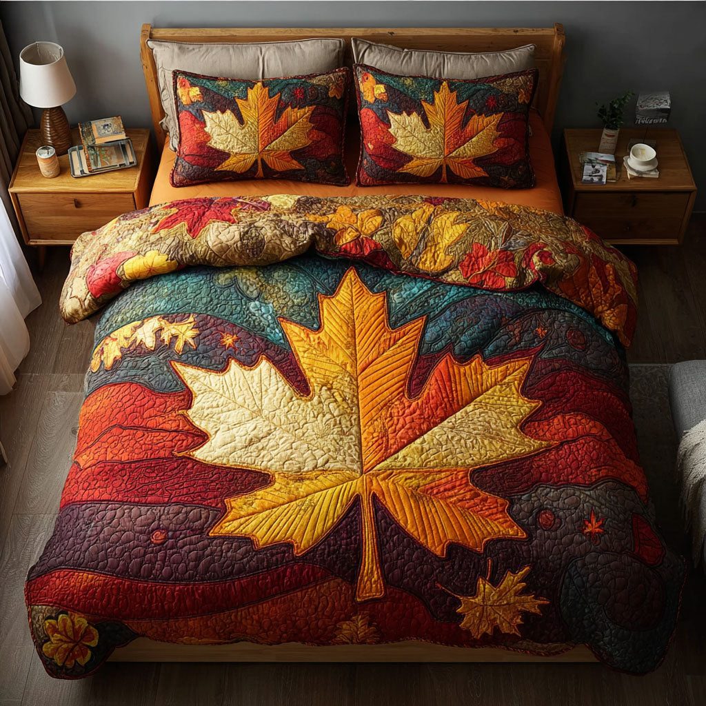 Autumn Stroll quilted 3-piece bedding set on a made bed with two matching pillow shams