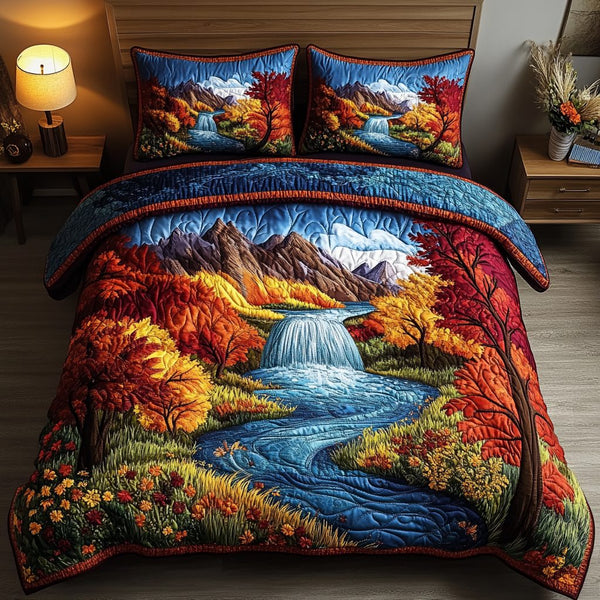 Autumn Stroll quilted 3-piece bedding set on a made bed with two matching pillow shams