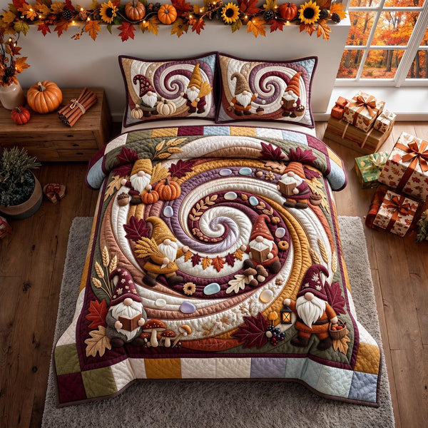Autumn Swirl quilted 3-piece bedding set on a made bed with two matching pillow shams