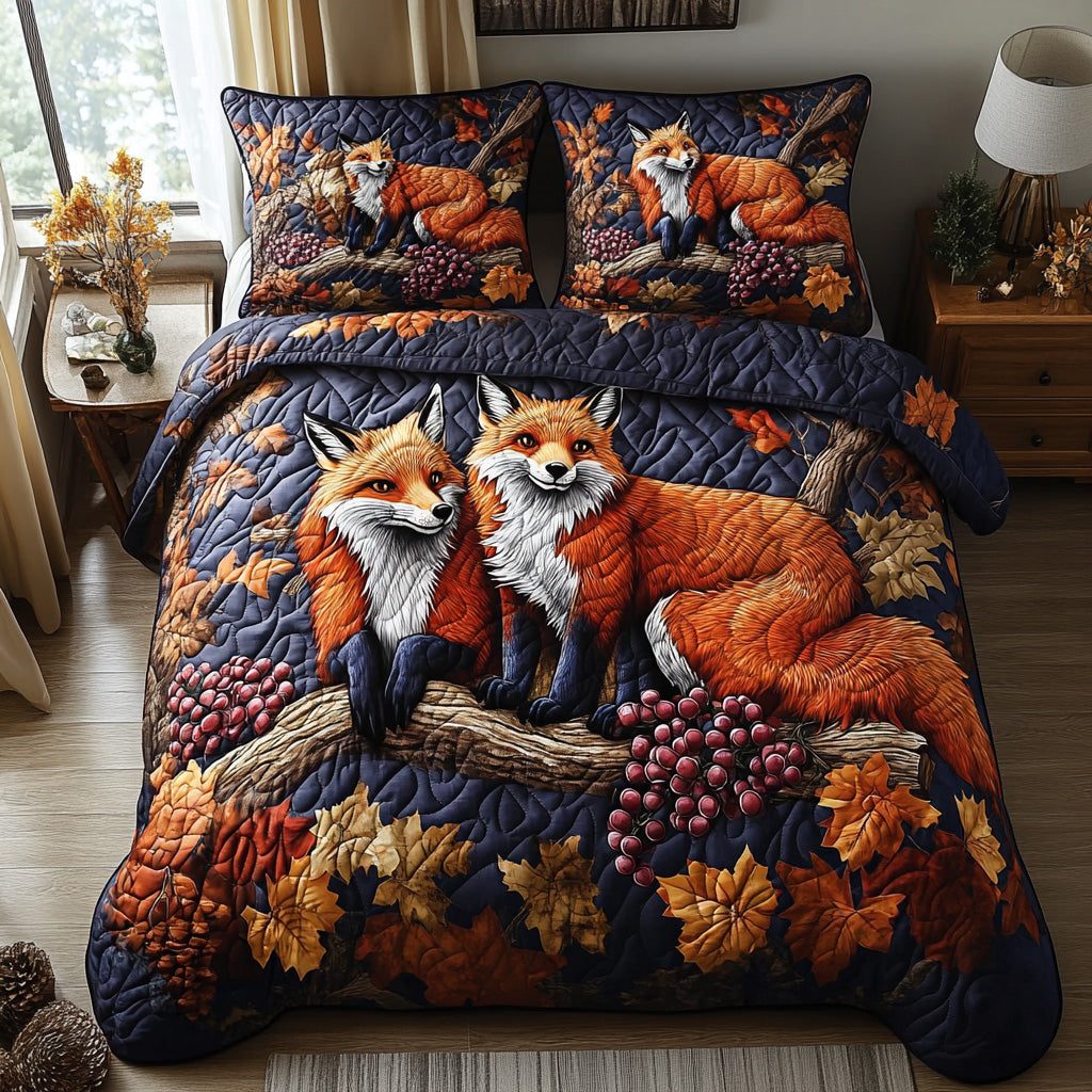 Autumn Tracks quilted 3-piece bedding set on a made bed with two matching pillow shams