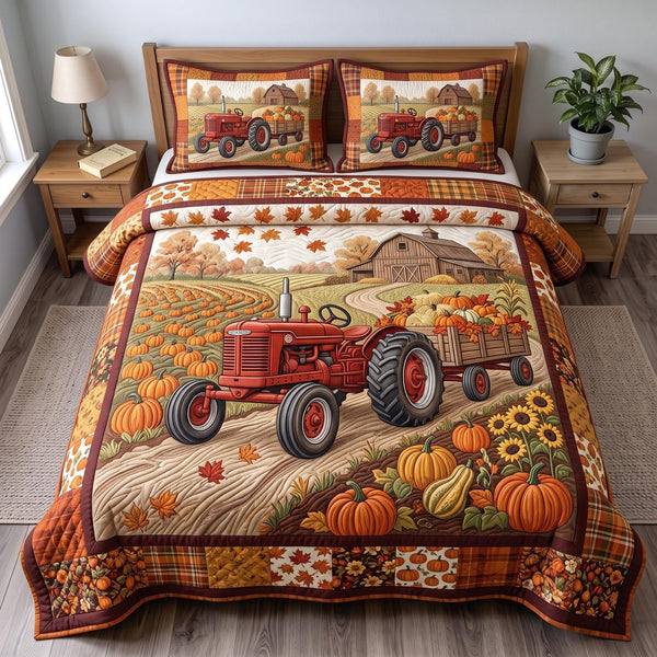 Autumn Tractor quilted 3-piece bedding set on a made bed with two matching pillow shams