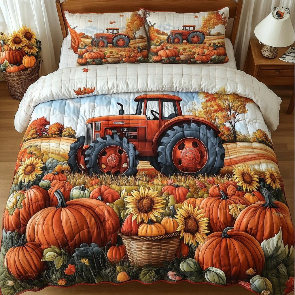 Autumn Tractor quilted 3-piece bedding set on a made bed with two matching pillow shams