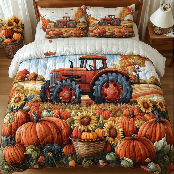 Autumn Tractor quilted 3-piece bedding set on a made bed with two matching pillow shams