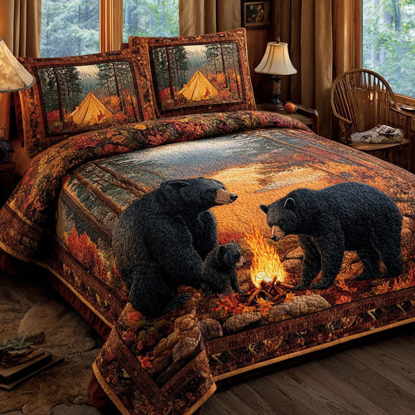 Autumn Trail Black Bear quilted 3-piece bedding set on a made bed with two matching pillow shams