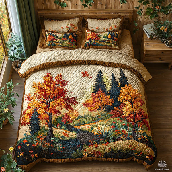 Autumn Trail Glow quilted 3-piece bedding set on a made bed with two matching pillow shams
