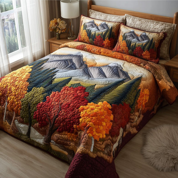 Autumn Trails quilted 3-piece bedding set on a made bed with two matching pillow shams
