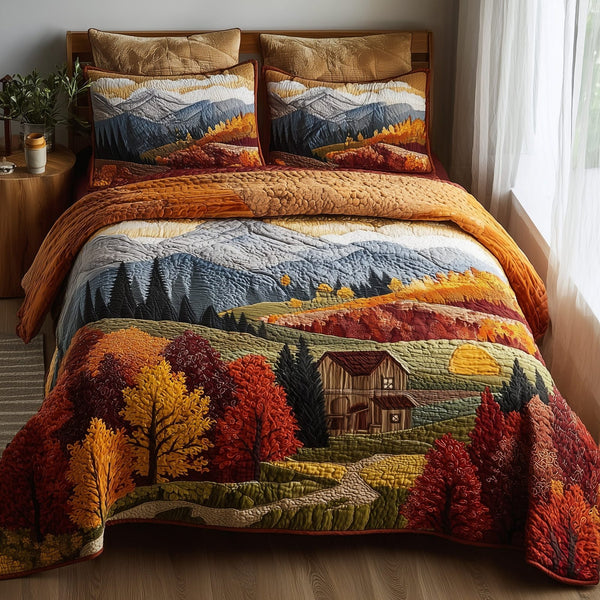 Autumn Trails quilted 3-piece bedding set on a made bed with two matching pillow shams