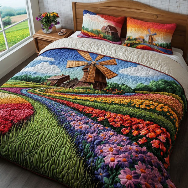 Autumn Trails quilted 3-piece bedding set on a made bed with two matching pillow shams