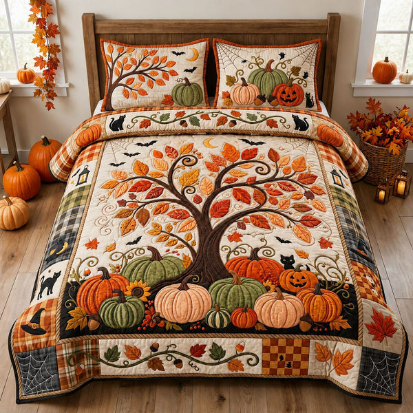 Autumn Tree quilted 3-piece bedding set on a made bed with two matching pillow shams
