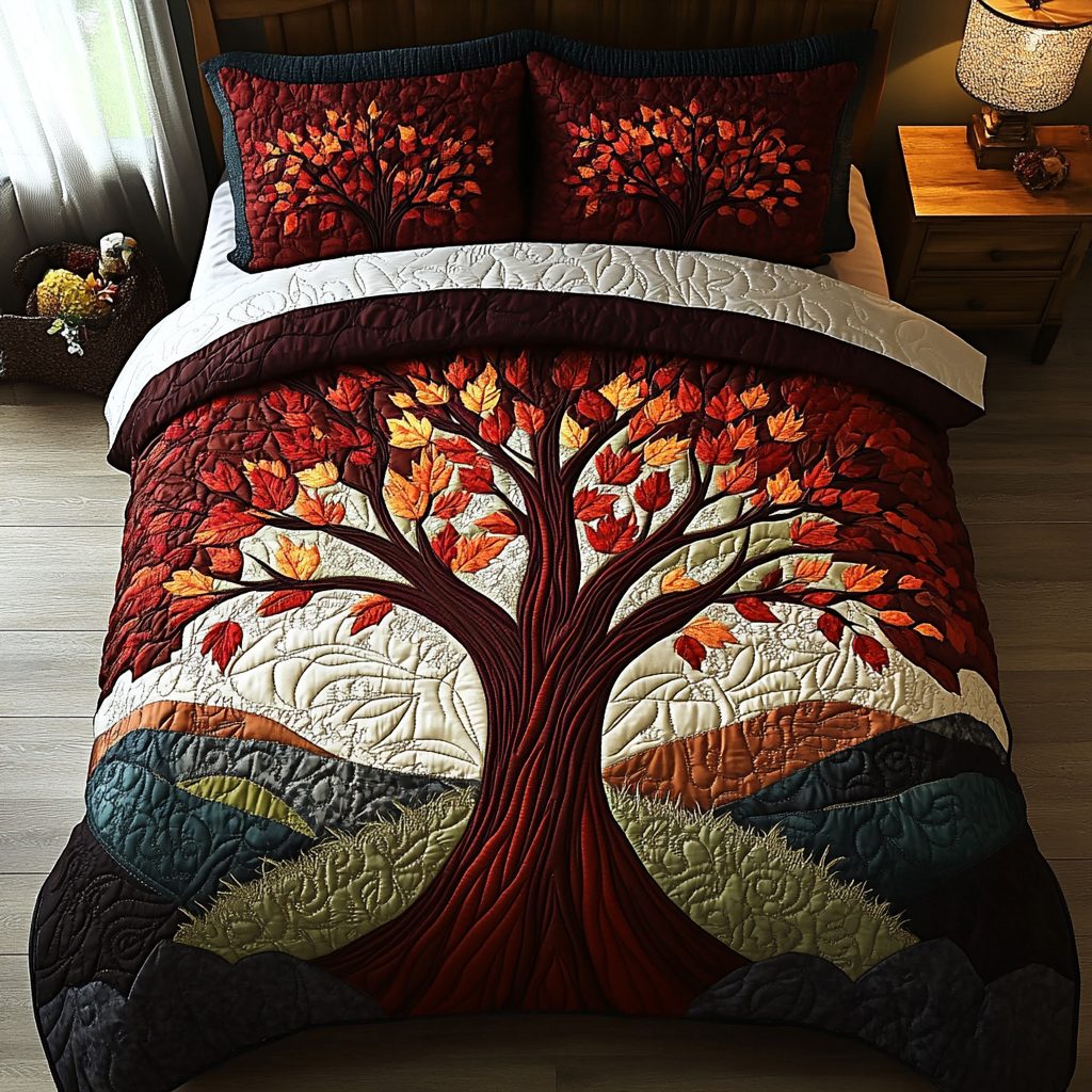 Autumn Tree quilted 3-piece bedding set on a made bed with two matching pillow shams