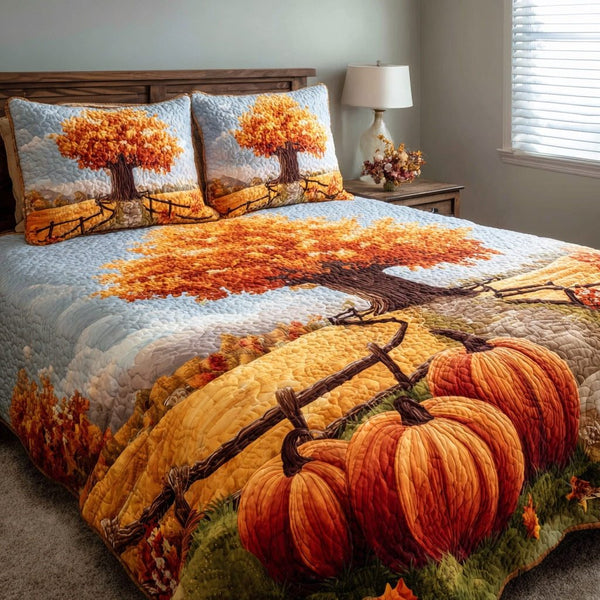Autumn Tree quilted 3-piece bedding set on a made bed with two matching pillow shams