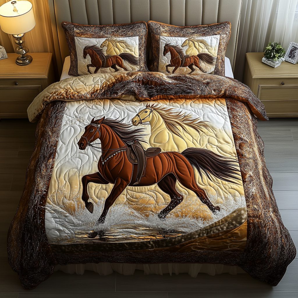 Autumn Trot quilted 3-piece bedding set on a made bed with two matching pillow shams