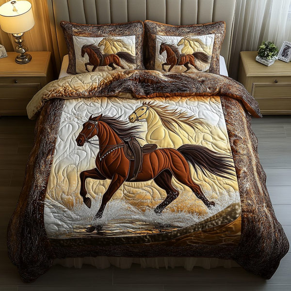 Autumn Trot quilted 3-piece bedding set on a made bed with two matching pillow shams
