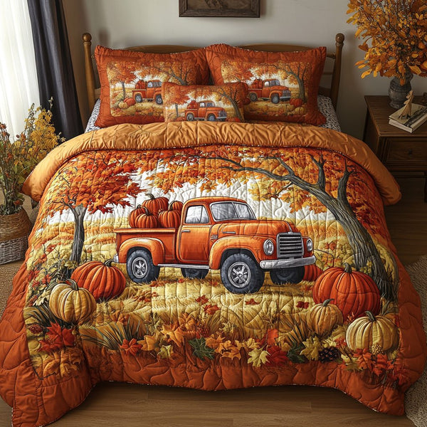 Autumn Truck quilted 3-piece bedding set on a made bed with two matching pillow shams