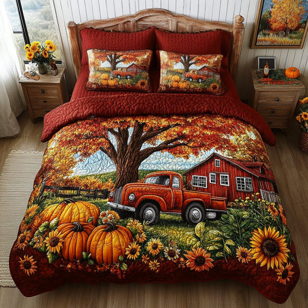 Autumn Truck quilted 3-piece bedding set on a made bed with two matching pillow shams