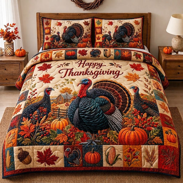 Autumn Turkey Feast quilted 3-piece bedding set on a made bed with two matching pillow shams
