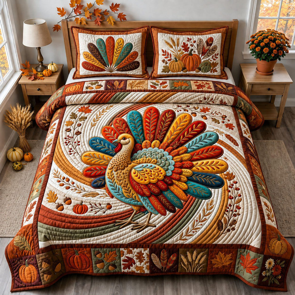 Autumn Turkey quilted 3-piece bedding set on a made bed with two matching pillow shams