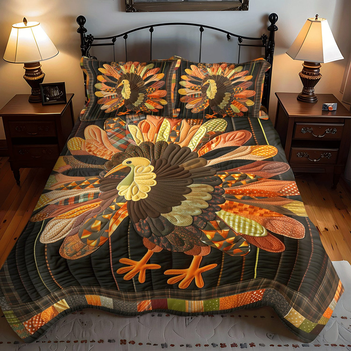 Autumn Turkey quilted 3-piece bedding set on a made bed with two matching pillow shams