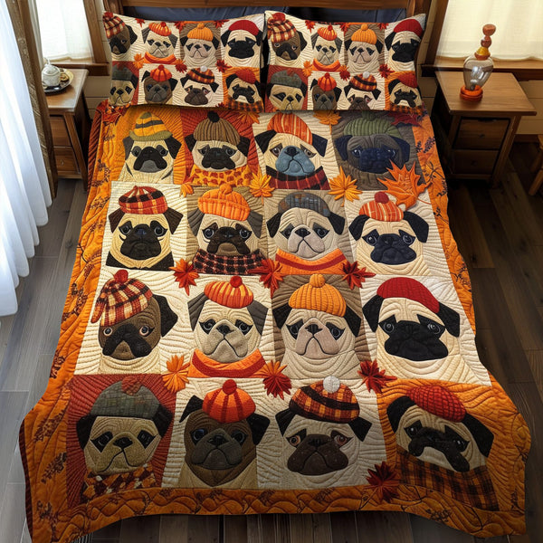 Autumn Vibe Pugs quilted 3-piece bedding set on a made bed with two matching pillow shams