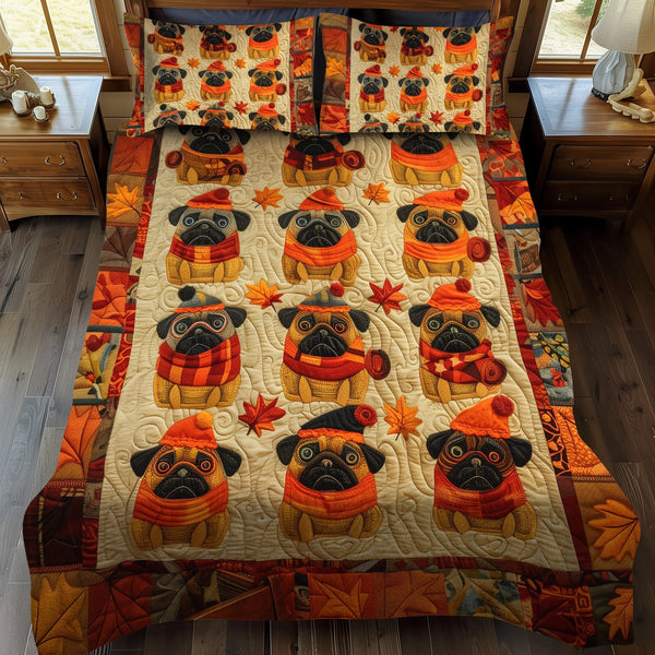Autumn Vibe Pugs quilted 3-piece bedding set on a made bed with two matching pillow shams