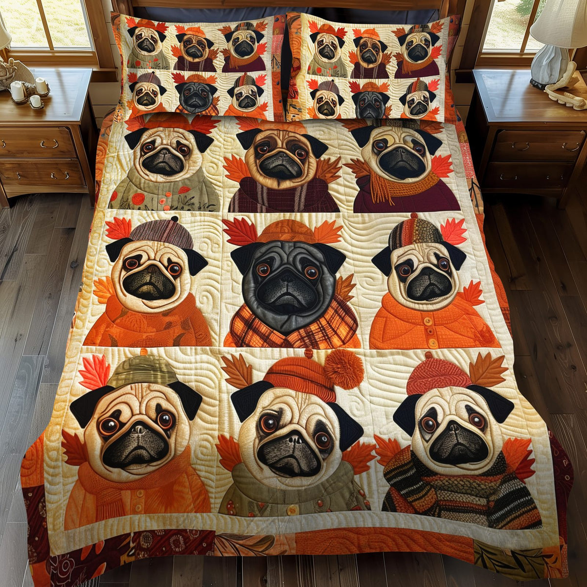 Autumn Vibe Pugs quilted 3-piece bedding set on a made bed with two matching pillow shams